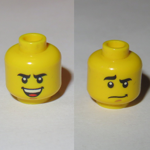 Minifig Head Soldier, Curved Eyebrows, Brown Chin Dimple, Laughing / Worried Print Yellow