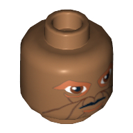 Minifig Head Eeth Koth, Reddish Brown Eyes and Lines Around Mouth Print [Blocked Open Stud] Medium Nougat