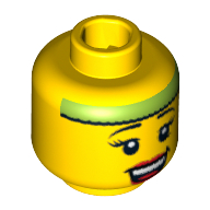 Minifig Head Fitness Instructor, Eyelashes, Red Lips, Open Smile and Lime Headband Print Yellow