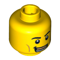Minifig Head Boxer, Eyebrows, White Pupils, Open Smile with Gold Upper Row Teeth / Black Eye, Crooked Lips and Sad Look Print Yellow