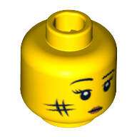 Minifig Head Cave Woman, Eyelashes and Eyebrows, White Pupils, Red Lips and Smudge on Cheek Print Gelb
