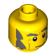 Minifig Head Detective, Dark Bluish Gray Eyebrows, Bushy Sideburns and Crooked Smile Print [Blocked Open Stud] Yellow