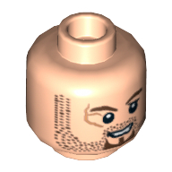 Minifig Head Scrum, Brown Stubble and Goatee, Scar on Right Eye Print [Blocked Open Stud] Light Nougat