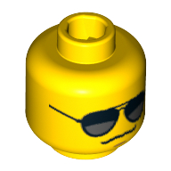 Minifig Head Glasses with Black and Silver Sunglasses, Chin Dimple, Grim Mouth Print [Blocked Open Stud] Yellow