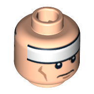 Minifig Head Batman, White Stripe on Forehead and Cheek Lines, Frown / Determined Print Light Nougat