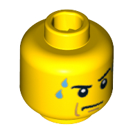Minifig Head, Stern Eyebrows, White Pupils, Frown, Sweat Drops Print Yellow