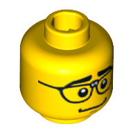 Minifig Head Computer Programmer, Thick Eyebrows, Repaired Glasses, Nervous Smile Print [Blocked Open Stud] Yellow