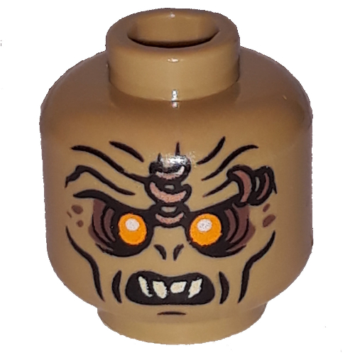 Minifig Head Hobbit Orc, Orange Eyes Print [Blocked Open Stud] Dark Tan