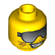 Minifig Head Frank Rock, Dual Sided, Sunglasses, Stubble, Scratches, Grin / Black Eyebrows, White Pupils, Determined Print [Blocked Open Stud] Yellow