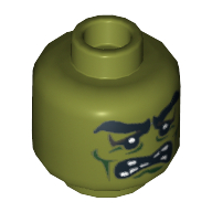 Minifig Head Monster, Thick Eyebrows, Toothy Grimace and Scars Print [Blocked Open Stud] Olivgrün