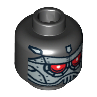 Minifig Head Robot, Silver Plates with Red Eyes Print Black