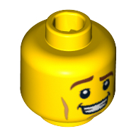 Minifig Head Heroic Knight, Brown Eyebrows, Raised Right Eyebrow, Cheek Lines, Open Mouth Smile with Teeth Print Gelb