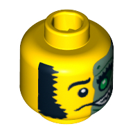 Minifig Head Mr. Good and Evil, Half Sand Green with Green Eye Open Grin Print [Blocked Open Stud] Gelb