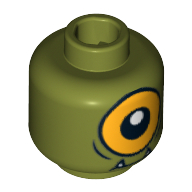 Minifig Head Cyclops, Lower Fangs, Single Orange Eye Open / Eye Half Closed Print Olive Green