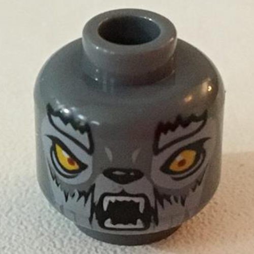 Minifig Head Wakz, Dual Sided, Wolf with Yellow Eyes, Fur, Eyebrows, Fangs, Closed Mouth / Open Mouth Print [Blocked Open Stud] Dark Bluish Gray