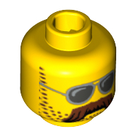 Minifig Head Motorcycle Mechanic, Moustache Brown Bushy, Stubble and Silver Sunglasses Print Gelb