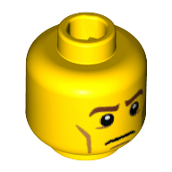 Minifig Head Revolutionary Soldier, Brown Eyebrows, Cheek Lines, White Pupils, Frown Print [Blocked Open Stud] Yellow