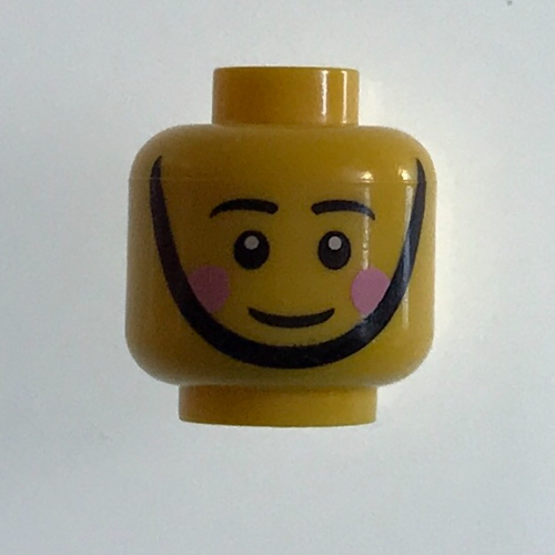 Minifig Head Toy Soldier, Eyebrows, Pink Cheeks, Chin Strap, White Pupils Print [Blocked Open Stud] Gelb