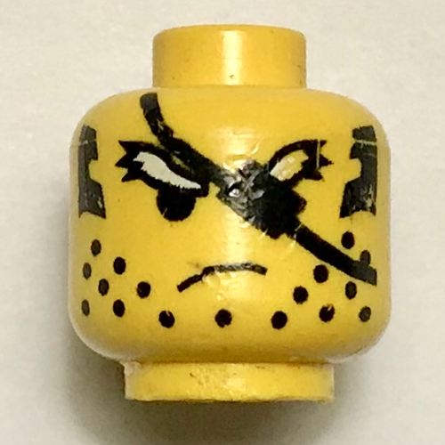 Minifig Head Ninja, Scruffy White Eyebrows and Eyepatch Print [Blocked Open Stud] Gelb