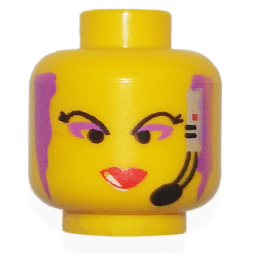 Minifig Head Radia, Red Lips, Purple Hair and Headset Print Yellow