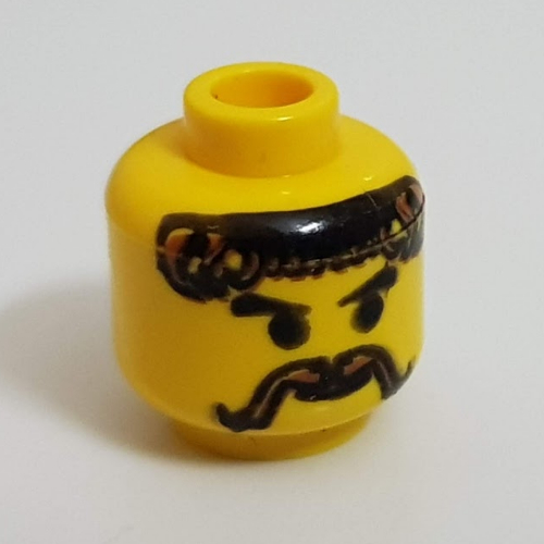 Minifig Head Knight / Blacksmith, Moustache and Curly Brown Hair Print [Blocked Open Stud] Gelb