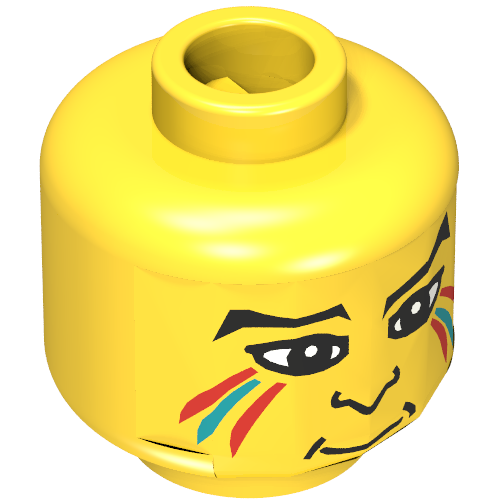 Minifig Head Indian, Face Paint with Red and Blue Painted Lines, Eyebrows, Pupils, Nose Print [Blocked Open Stud] Yellow
