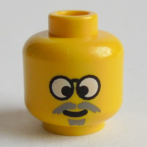 Minifig Head Time Cruisers Dr Cyber, Glasses with Gray Moustache, Crosseyed Print [Blocked Open Stud] Gelb