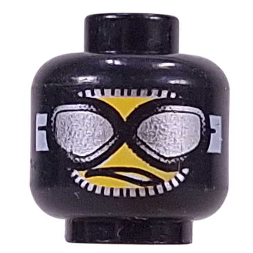 Minifig Head, Balaclava with Silver Goggles, Downturned Partly Opened Mouth Print Black