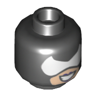 Minifig Head Catwoman, White Pointed Eyemask, Light Nougat Face, Dark Purple Lips and Open Mouth Grin Print [Hollow Stud] Black