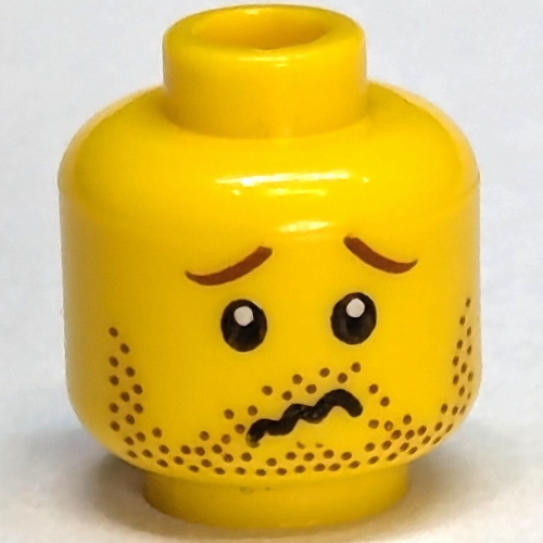 Minifig Head, Stubble Smile / Crinkled Mouth and Inverted Eyebrows Print Yellow