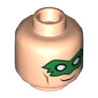 Minifig Head Green Lantern (Hal Jordan), Dual Sided, Green Eyemask, Smirk / Bared Teeth Print [Hollow Stud] Light Nougat