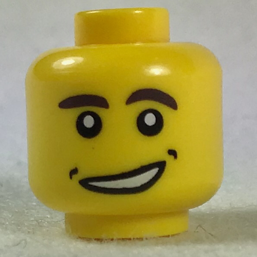 Minifig Head, Dark Brown Eyebrows, Open Sideways Smile with Dimples Print [Hollow Stud] Yellow