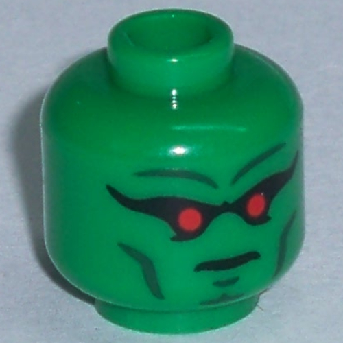 Minifig Head Martian Manhunter, Red Eyes, Dark Bluish Gray Eyebrows Print [Hollow Stud] Green