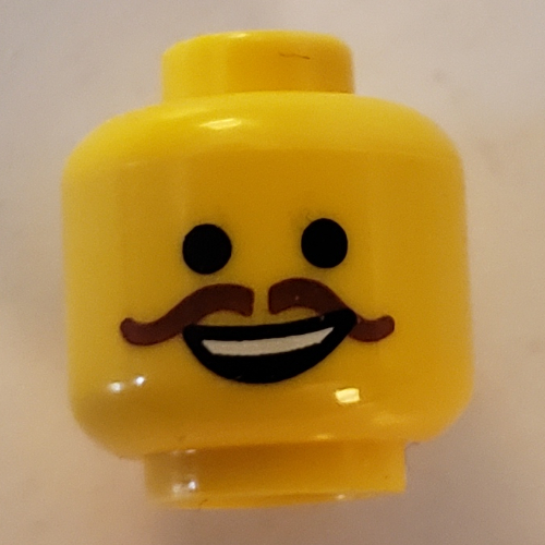 Minifig Head Emmet, Open Mouth Smile and Curly Reddish Brown Moustache Print Yellow
