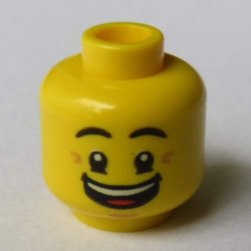 Minifig Head Ronny, Eyebrows, Crow's Feet, Open Mouth Smile with Corners / Queasy Face with Sweat Drop Print Yellow