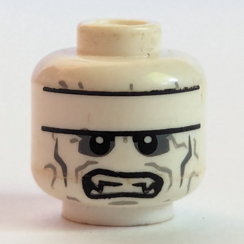 Minifig Head Batzarro, Stripe on Forehead, Dark Gray around Eyes, Teeth with Fangs, Clenched / Open Mouth Print Weiß