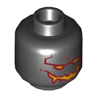 Minifig Head Moltor, Yellow Eyes, Dark Red, Orange and Yellow Wide Grin and Cracks on Back Print [Hollow Stud] Schwarz