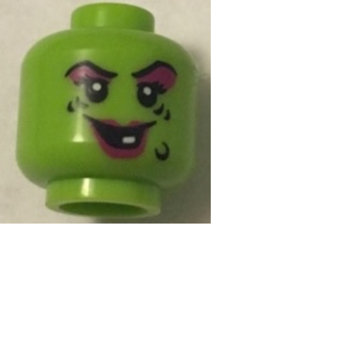 Minifig Head, Witch, Magenta Lips and Eye Shadow, Black Wart and Wrinkles, Smile with One White Tooth Limette