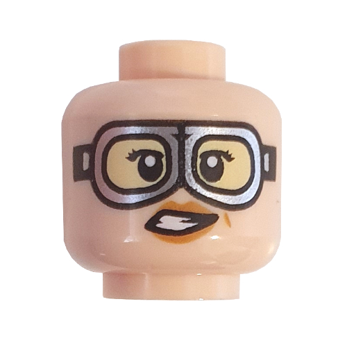 Minifig Head Jillian Holtzmann, Dark Tan Eyebrows, Smile / Silver Goggles Print Hellnougat