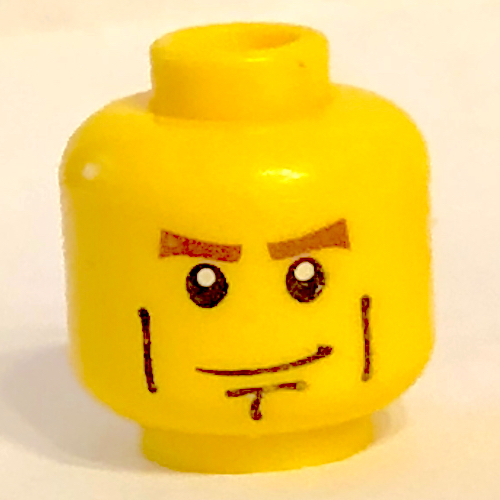 Minifig Head, Brown Eyebrows, White Pupils, Vertical Cheek Lines, Chin Dimple Print Yellow