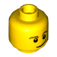 Minifig Head, Brown Eyebrows, Black Eyes with White Pupils, Crooked Smile with Black Dimple Print Gelb