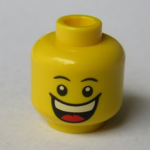 Minifig Head, Huge Grin, White Pupils, Eyebrows / Sad with Tear Print [Hollow Stud] Yellow