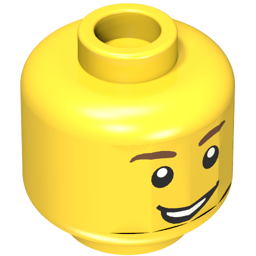 Minifig Head Alfie the Apprentice / Knight, Brown Eyebrows, Open Lopsided Grin, White Pupils Print Gelb