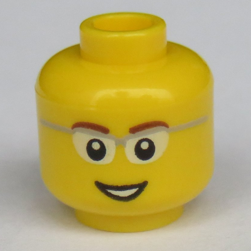 Minifig Head, Glasses with Gray Frame Sides, Brown Eyebrows and Open Smile Print Yellow
