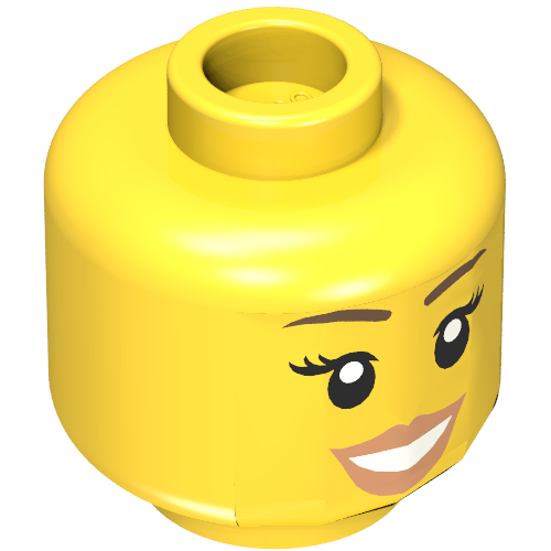Minifig Head, Peach Lips, Open Mouth Smile, Brown Eyebrows Print [Hollow Stud] Gelb