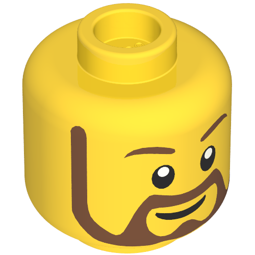 Minifig Head, Beard Brown Rounded, White Pupils, Grin Print Yellow