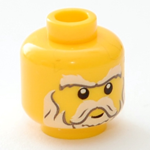 Minifig Head, White Beard, Sideburns, Moustache, Eyebrows and White Pupils Print [Hollow Stud] Gelb