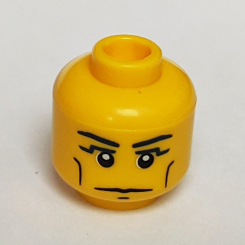 Minifig Head Pharaoh, Vertical Cheek Lines, Slight Frown, Chin Dimple and White Pupils Print Yellow