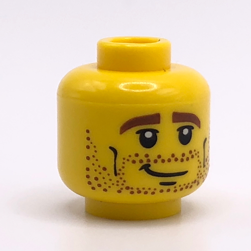 Minifig Head, Brown Stubble, Brown Eyebrows, Crooked Smile and Cheek Lines Print Yellow