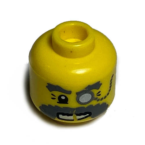 Minifig Head Explorer, Monocle on Chain and Bushy Dark Bluish Gray Eyebrows and Moustache Print [Hollow Stud] Gelb